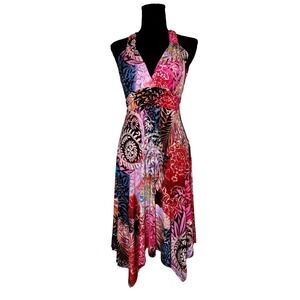 Nani Kai Size Small Y2K Boho Multi-Color Abstract Floral Print Halter Midi Dress